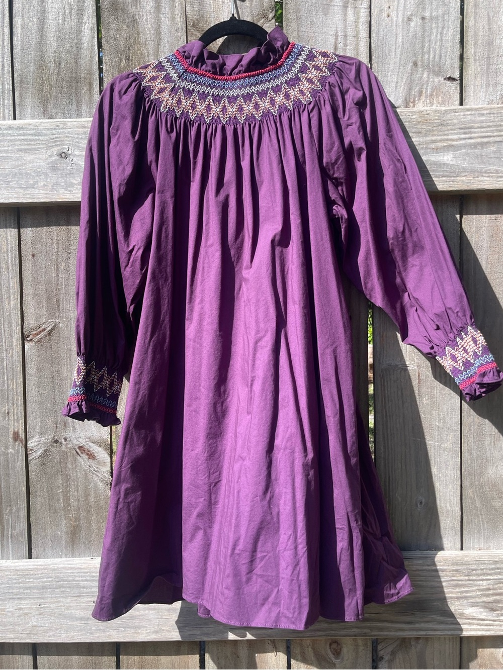 Pomander Place Purple Smocked Embroidery Long Sleeve Mini Dress Cotton Sz S